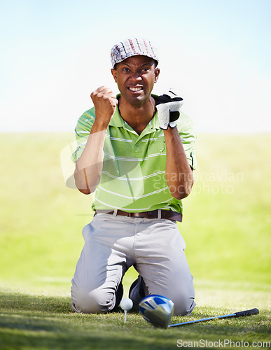 Image of Sports, golf and portrait of black man with anger in game, match and competition on golfing course. Recreation, hobby and upset, angry and mad male athlete on grass for loss, mistake and frustrated