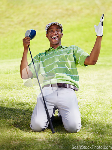 Image of Portrait, golf and black man with celebration for winning in game, match or competition on golfing course. Sports, excited or winner golfer athlete cheering on grass for training, fitness or practice