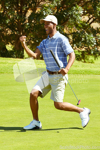 Image of Sports, golf and black man with celebration for winning in game, match and competition on golfing course. Success, excited and happy male athlete cheering on grass for training, fitness and practice