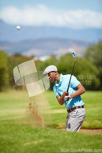 Image of Sports, golf and black man playing in sand in game, match and competition on golfing course. Recreation, hobby and focused male athlete with club driver on grass for training, fitness and practice