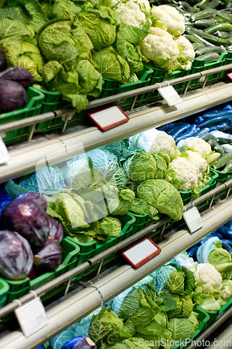 Image of Food, shopping and health with fresh produce in supermarket for sale, nutrition and retail. Grocery, consumer and offer with organic vegetables on shelf of store for diet, purchase and products