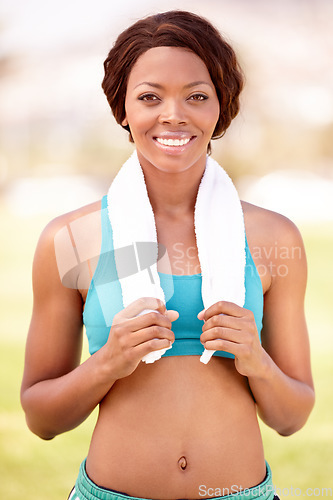 Image of Fitness smile, black woman and portrait with happiness from exercise and sport. Workout, African person and female face feeling healthy and happy from sports training and wellness empowerment