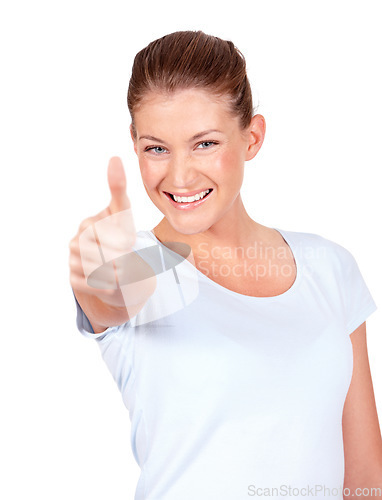 Image of Happy woman, portrait smile and thumbs up for good job, winning or success against a white studio background. Female person smiling showing thumb emoji, yes sign or like for approval or agreement