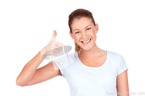 Image of Happy woman, portrait and hand in thumbs up for winning, success or good job against a white studio background. Female person smiling showing thumb emoji, yes sign or like for approval or agreement