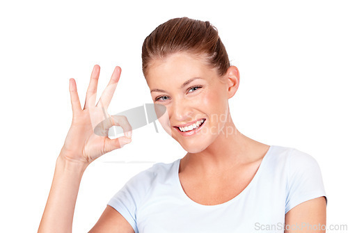 Image of Ok hands, portrait and happy woman in studio, isolated white background and vote of good review. Female model, smile and okay for success, agreement and icon for support, yes emoji and thank you sign
