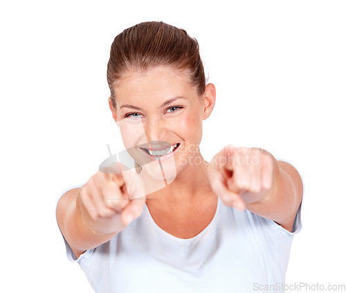 Image of Portrait, happy woman and pointing to you in white background, isolated studio and choice of decision. Face of female model, smile and fingers forward for offer, emoji and direction for opportunity