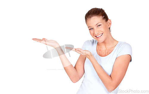 Image of Happy woman, portrait and advertising offer with hands on isolated white background, information and studio mockup. Female model gesture to announcement, commercial promotion or branding presentation