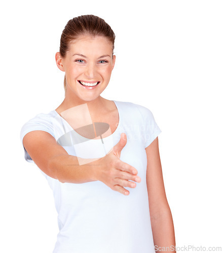 Image of Handshake, offer and portrait of happy woman in white background, isolated studio and hello. Female model stretching for shaking hands, welcome and thank you for introduction, meeting and agreement