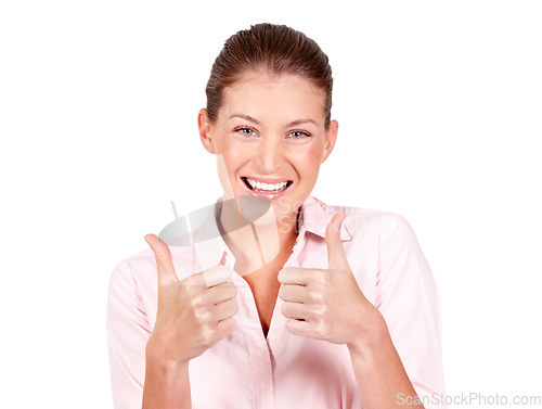 Image of Happy woman, portrait and hands in thumbs up for winning, success or good job against a white studio background. Female person smiling showing thumb emoji, yes sign or like for approval or agreement