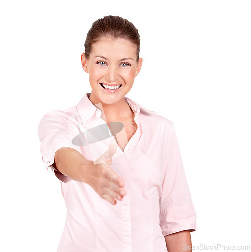 Image of Portrait, happy woman and meeting for handshake in studio, isolated white background and deal. Female model stretching for shaking hands, welcome and thank you for introduction, support and agreement