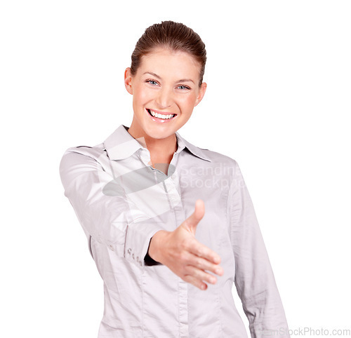 Image of Portrait, happy woman and deal for shaking hands in studio, isolated white background and trust. Female model stretching for handshake, welcome and thank you for opportunity, networking and agreement