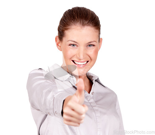 Image of Happy woman, portrait and hand in thumbs up for success, winning or good job against a white studio background. Female person smiling showing thumb emoji, yes sign or like for approval or agreement