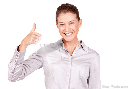 Image of Happy woman, portrait and hand in thumbs up for achievement, success or winning against a white studio background. Female person with smile and showing thumb emoji, yes sign or like for approval