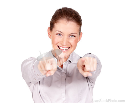 Image of Portrait, happy woman and pointing finger to you in white background, isolated studio and decision. Face of female model, smile and gesture forward for hiring, emoji and hand direction of opportunity