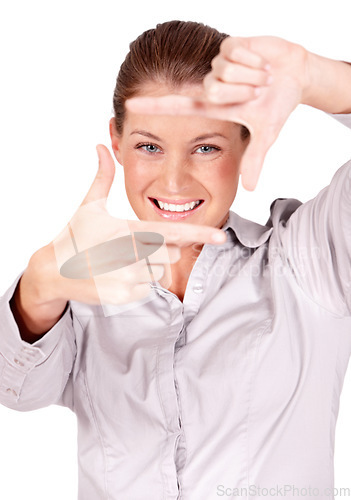 Image of Hands, selfie and portrait of woman doing frame sign or gesture for a picture isolated in a white studio background. Young, focus and female person or employee framing her face with her finger border