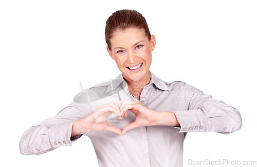 Image of Love, kindness and portrait of woman doing heart sign, shape or gesture with hands isolated in a white studio background. Hope, casual and female employee with happiness, care and happy signal