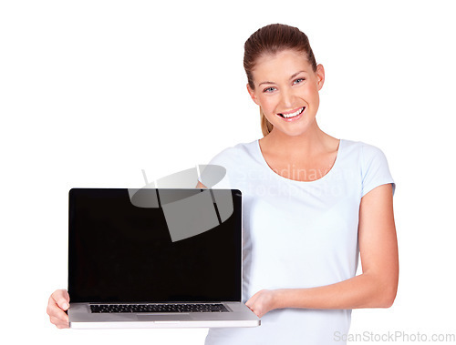 Image of Isolated woman, laptop screen and studio portrait with smile, mockup space and promo by white background. Model girl, student and computer with copyspace for education, research and studying on web