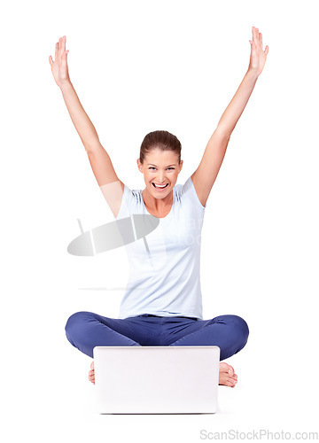 Image of Celebrate, laptop and woman winner in a studio for online sports bet success or achievement. Happy, smile and portrait of a female person in celebration with a computer isolated by a white background