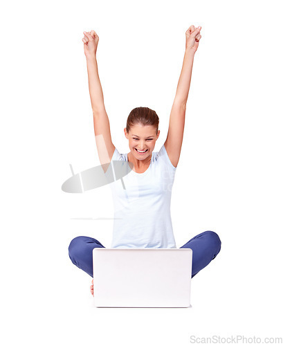 Image of Winning, achievement and woman with a laptop in a studio in celebration for online sports bet success. Happy, celebrate and female person with a smile and computer isolated by a white background.