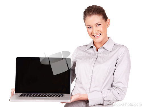 Image of Portrait of happy woman, laptop and mockup in white background, isolated studio and advertising screen. Female model holding computer in presentation, online space or promotion of website coming soon