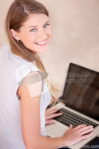 Image of Happy, laptop screen and smile and portrait of woman for social media, mockup and website. Search, technology and digital with female user typing at home for connection, email and internet