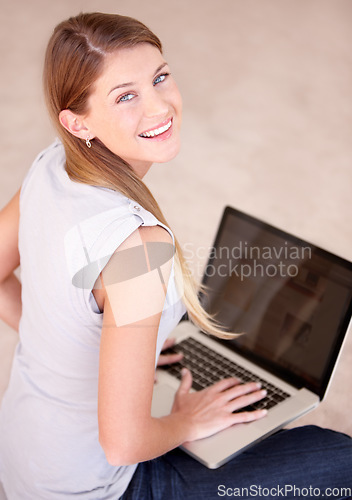 Image of Search, laptop screen and portrait woman in living room for social media, mockup and website. Smile, technology and digital with female user typing at home for connection, email and internet