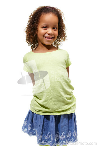 Image of Cute, African child and face of young girl in a studio with happiness and kids fashion. White background, portrait and smile of kid with youth and children style feeling confident from clothing