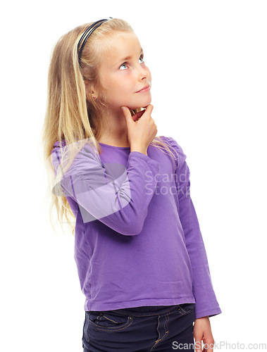 Image of Thinking, mockup and girl with ideas, decision and wonder isolated against a white studio background. Young person, female child and kid with wonder, future and ponder with daydreaming and happiness
