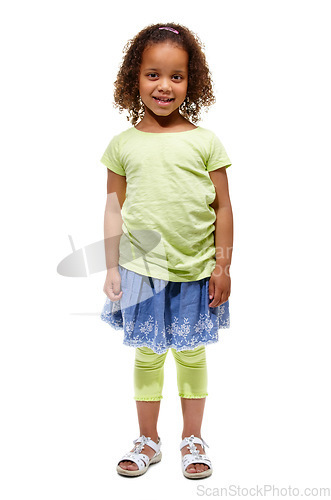 Image of Cute, proud child and portrait of young girl in a studio with happiness and kids fashion. White background, full body and smile of African kid with youth and style feeling confident from clothing