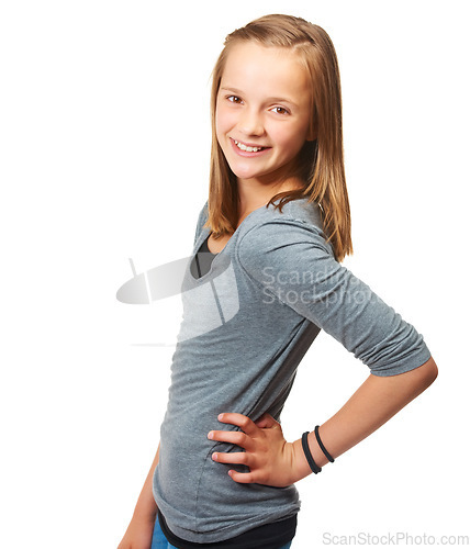 Image of Young teen, portrait and happy girl in a studio with a smile and youth confidence. White background, female teenager and person with casual fashion and teens style with happiness of model mockup