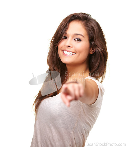 Image of Isolated woman, portrait and point at you with smile, happiness or pick volunteer by white background. Girl, model or student pointing for hiring, recruitment or choice for accountability by backdrop