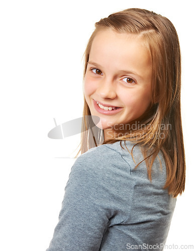 Image of Portrait, smile and beautiful or happy teenage girl for fashion or carefree and standing against a white background. Style, face and smile or child model or confident youth and isolated in studio