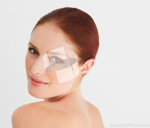 Image of Skincare, red hair and portrait of woman in studio for cosmetics, wellness and facial on white background. Dermatology, spa and face of female person with natural makeup, beauty and healthy skin