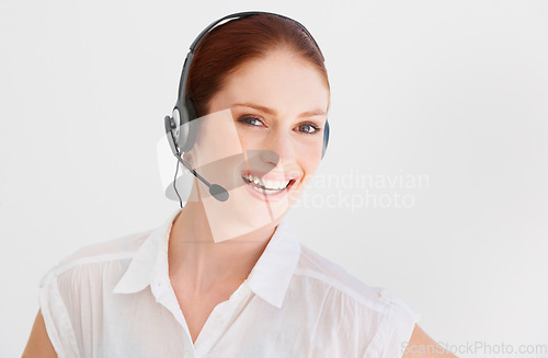 Image of Call center, communication and portrait of woman in studio for telemarketing, customer service and help desk. Happy, smile and contact with face of consultant isolated on white background for mockup