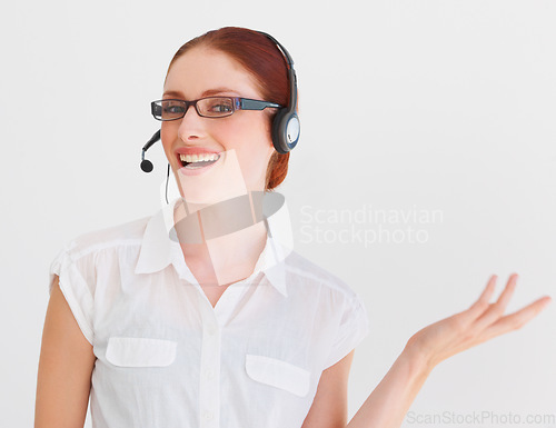 Image of Call center, consulting and portrait of woman in studio for telemarketing, customer service and help desk. Happy, communication and contact us with advisor isolated on white background for mockup