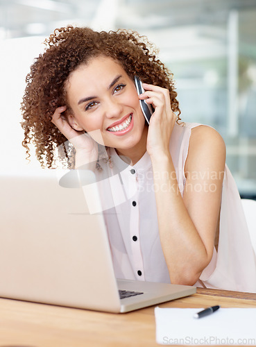 Image of Technology or communication, young businesswoman on phone call and laptop in office. Social networking, planning meeting and corporate female worker or manager on smartphone at workplace thinking