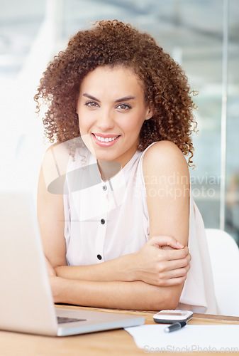Image of Portrait, happy and business woman with laptop in office, workplace or company. Computer, smile and female professional, entrepreneur or person from Australia with confidence and pride in career.