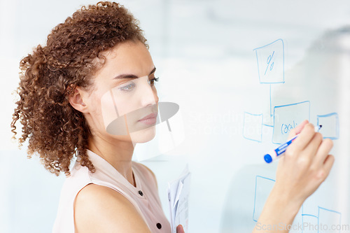 Image of Serious, business woman and writing in planning for schedule, brainstorming or strategy at the office. Focused female employee working on project plan, tasks or coaching on whiteboard at workplace