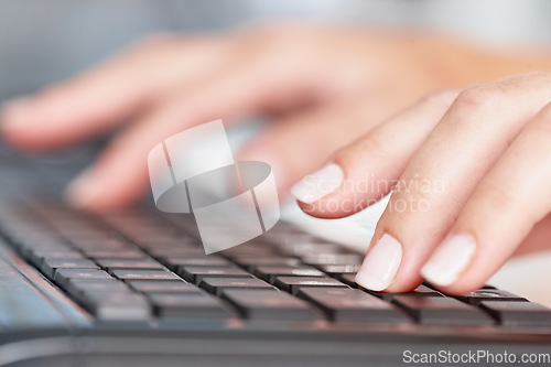 Image of Closeup, hands and business woman typing on a computer in office for planning, research and email marketing. Keyboard, fingers and person online for management, proposal and review, report and plan