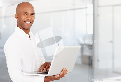 Image of Portrait, business and black man with laptop in office to work on career or job with pride. Computer, male entrepreneur and African person from Nigeria in professional workplace with smile on mockup