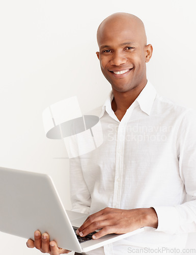 Image of Portrait, business and black man with laptop in studio isolated on a white background mockup. Computer, male entrepreneur and smile of African person and professional from Nigeria with happiness.