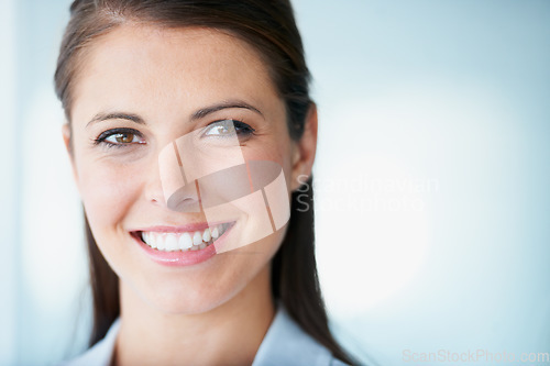 Image of Face, business woman and smile in office with pride for career, job or occupation. Professional, entrepreneur or portrait of female executive or person from Australia with confidence and mockup space