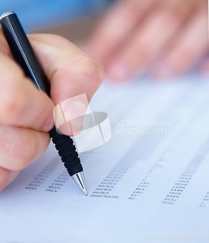 Image of Person, hands and writing in finance, spreadsheet or checklist for paperwork, budget or expenses on form. Closeup of accountant hand working on financial document or accounting with pen in management