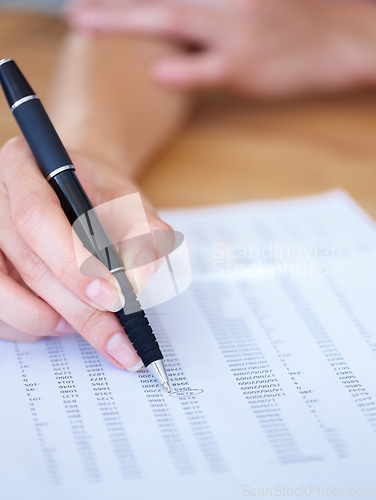 Image of Woman, hands and writing in finance spreadsheet, accounting or paperwork for budget expenses on form. Hand of female accountant working on financial document, checklist or paper with pen for report