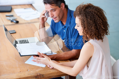 Image of Business, documents and team in a meeting with laptop for planning, idea and solution in office. Admin, report and people in creative collaboration for startup, budget and company, growth and goal