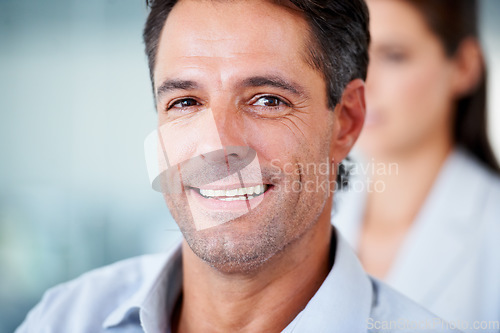 Image of Face, smile and business man in office with pride for career, job or occupation. Professional, male entrepreneur and portrait of happy executive, mature boss or person from Australia in workplace.