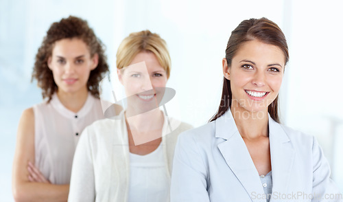 Image of Portrait, woman and leadership of business people with teamwork in office. Collaboration, leader and happy group of employees, friends and women, team building and confidence in corporate workplace.