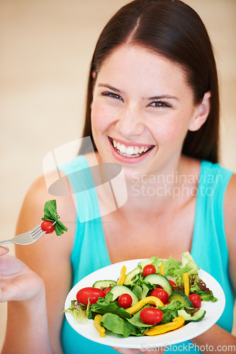 Image of Happy woman, portrait and food or healthy salad with vegetables, nutrition and health benefits. Face of a happy female person on nutritionist diet and eating vegan for weight loss, wellness or detox