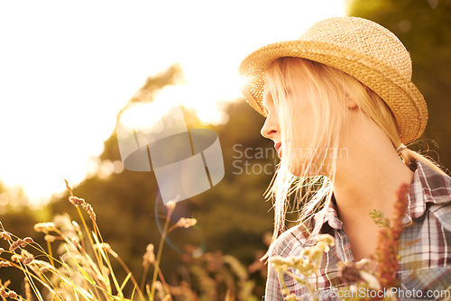 Image of Thinking, countryside and woman in field with sunrise for freedom, wellness and fresh air outdoors. Nature, summer and hipster female person in natural meadow for sustainability and ecology