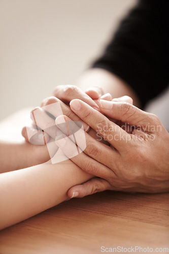 Image of Support, love and solidarity with people holding hands in comfort, care or to console each other. Trust, help or empathy with friends praying together during depression, anxiety or the pain of loss